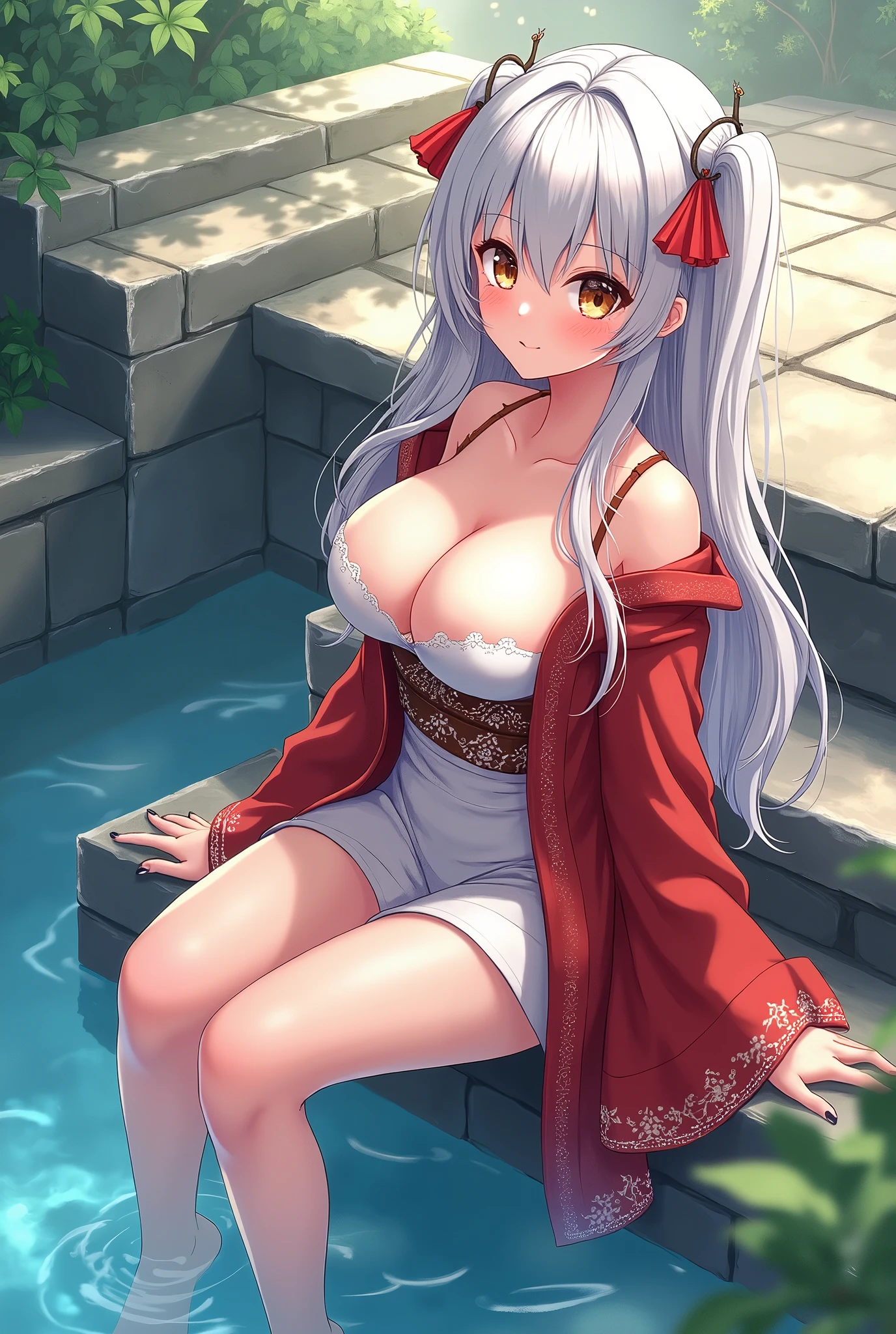 1 girl（masterpiece，top quality，best quality，official art，Beauty and aesthetics：1.2），white hair，brown eyes，long hair，big sister，tall figure，enchanted，enchanting，Flushed complexion， playful expression while Blushing, super gigantic breasts，Breasts larger than the head，Red and white kimono, clogs，Off the shoulders，detailed cleavage，Sitting on the stone steps by the water of a hot spring, thigh exposed.