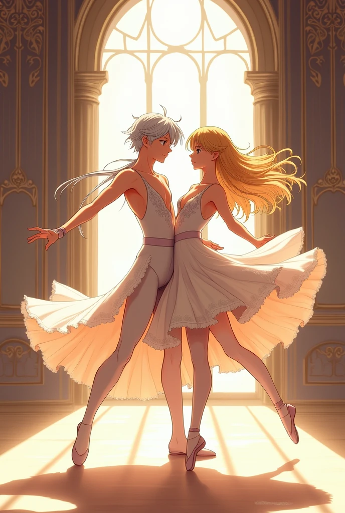 ((best quality)), ((masterpiece)), (detailed) Anime Two boys dancing ballet, one with long white hair and the other with semi-long blonde hair. 
