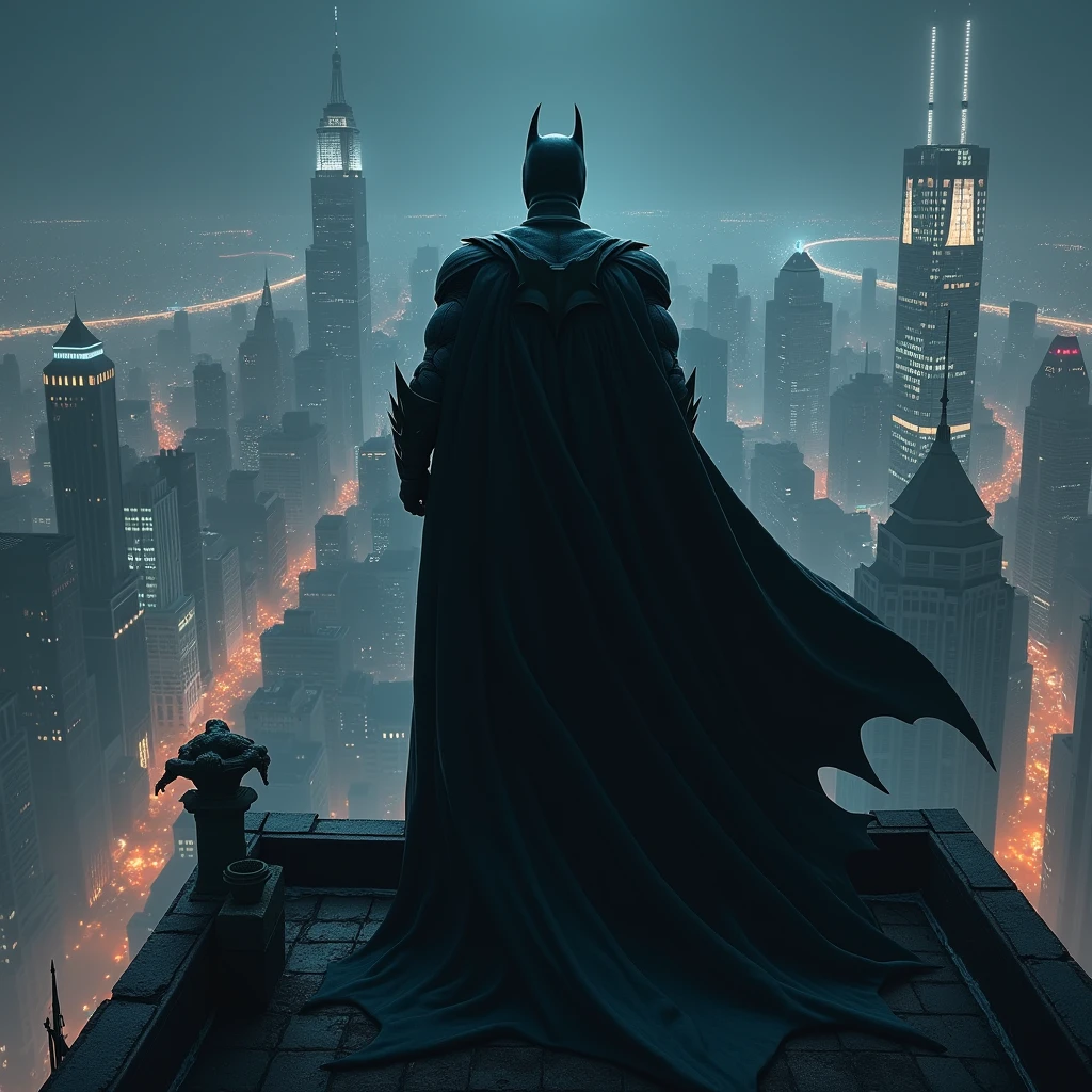 Create the image of Batman standing on the roof of a skyscraper looking out over Gotham City