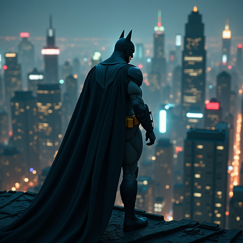 Create the image of Batman standing on the roof of a skyscraper looking out over Gotham City