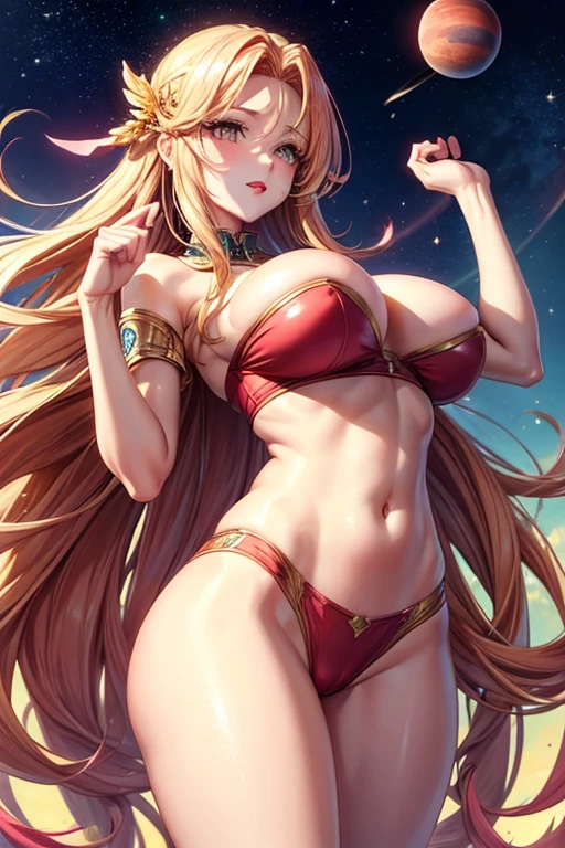 goddess bright eyes long golden hair red lips pink makeup athletic body slim waist big breasts big buttocks. playing with the planets