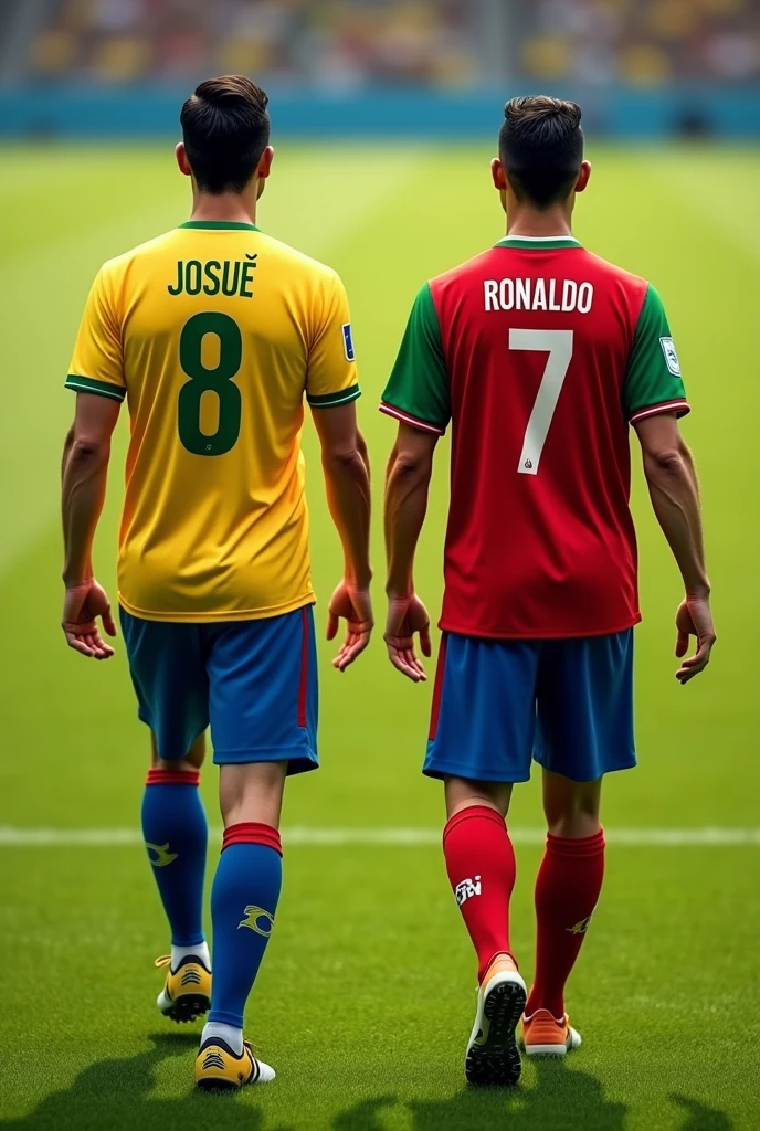 an adult with the Brazilian team shirt with the name "Josué" number 8, with his back walking across the field and Cristiano Ronaldo with his back also walking next to him (cristiano Ronaldo outfit: Portugal team shirt with the name "cristiano Ronaldo " number 7) (Josué height: 1.74, Cristiano Ronaldo height: 1.87)