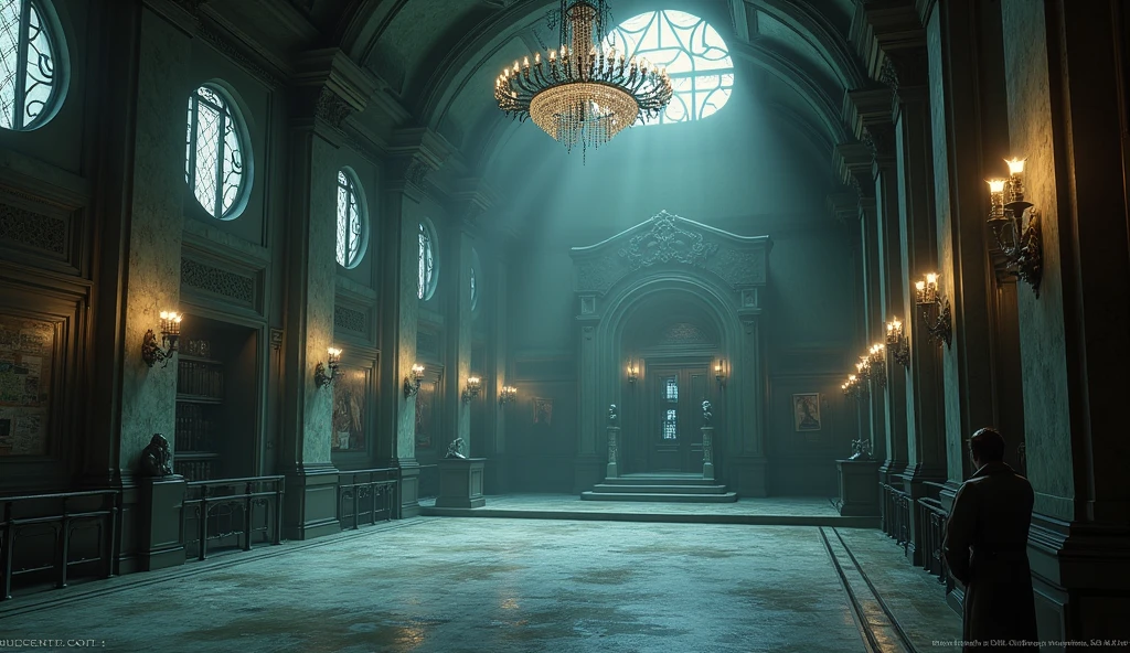 resident evil 2 location, police station, gothic architecture, grand hall, marble columns, ornate arches, massive chandelier, dim lighting, dark ceiling, shadows, silver statue, ancient relics, arched windows, soft light beams, cracked walls, abandoned police station, eerie atmosphere, old paintings, vintage posters, cold stone floor, mysterious decor, haunted mansion vibes, gloomy interior