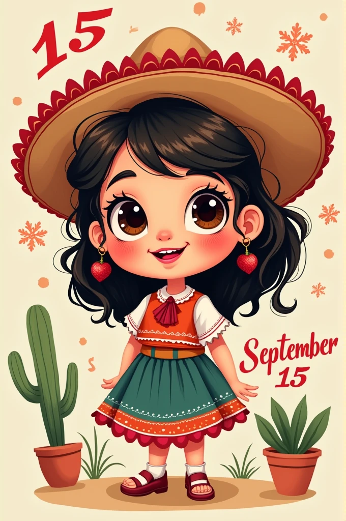 A cartoon of a girl with dark brown eyes,that has fringe on each side ,with dark brown, black, wavy hair with strawberry red painted lips with the name "small" representing an image of September 15 dressed as a Mexican