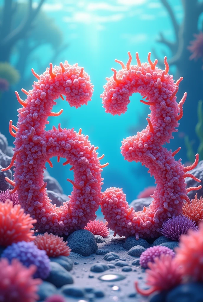 An image that has a number 63 in pink sea coral style in animated style