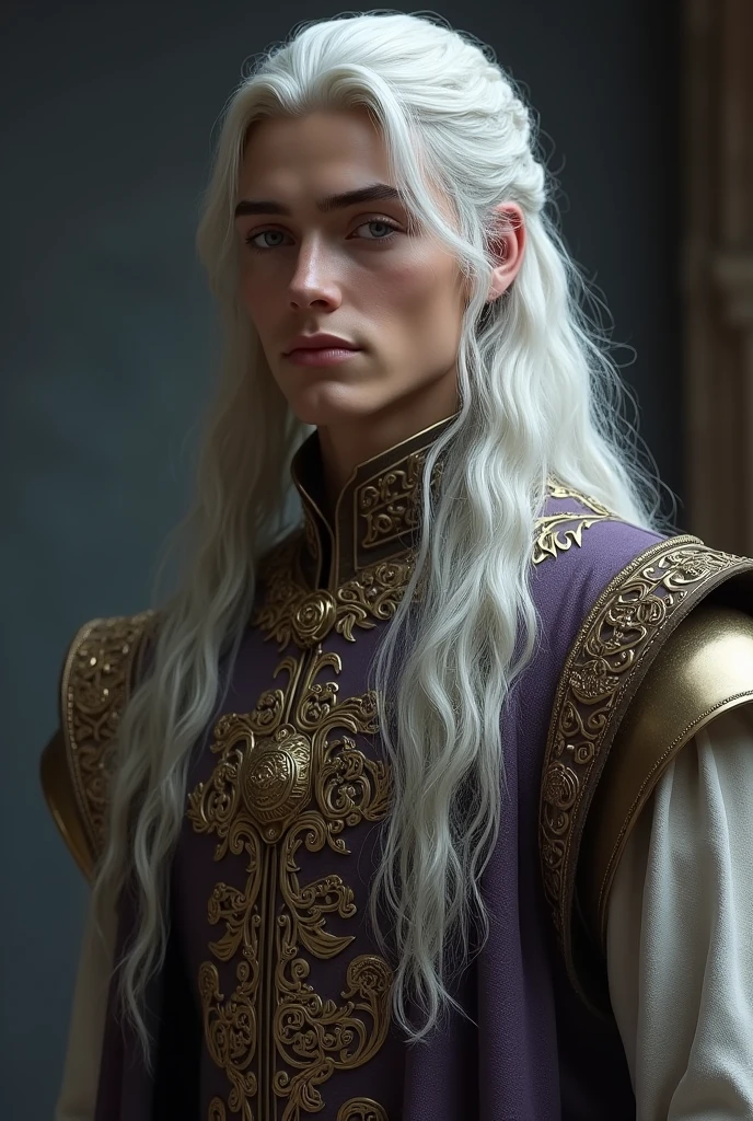 Un jeune homme Targaryen, d'une beauté presque divine, se tient là, ses longs cheveux blancs argentés tombant en cascades soyeuses sur ses épaules. Son visage est finement ciselé, avec des traits parfaits et des yeux violets ou bleus profonds, capturant l'attention de tous. Grand et élancé, son corps est sculpté par des années d'entraînement, à la fois puissant et gracieux. Vêtu de riches tuniques brodées de motifs draconiques, il incarne la noblesse et la force, portant en lui l'héritage imposant et tragique de la maison Targaryen.