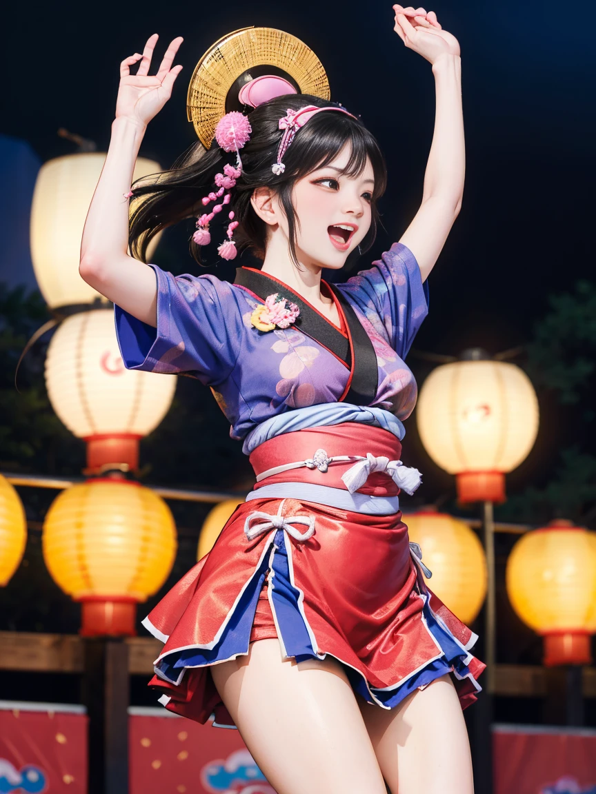 (Japan Bon Odori,最高masterpiece,Highest quality), Hot August,In the park square,(They dance in a circle around a stage decorated with lanterns.),Bright vibrant anime art,People of all ages and genders dance and dance, Dancing in yukata,Laughing and dancing, Showing white teeth,Men and women dance in a circle, masterpiece,Highest quality,High resolution,