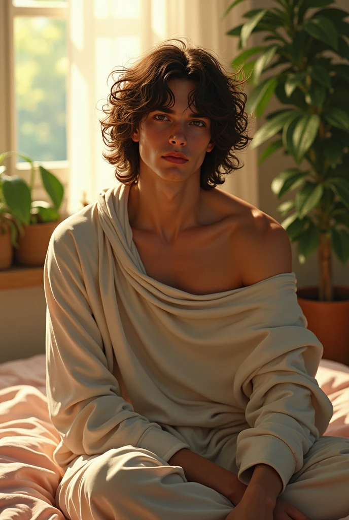 (photorealism:1.2), beautiful boy, sitting on bed, wearing loose off-shoulder top, pajama pants, long curly hair, indoors, soft lighting, plants in background, window with sunlight, cozy room, relaxed pose, realistic, intricate details, warm colors, by Greg Rutkowski, by Alphonse Mucha