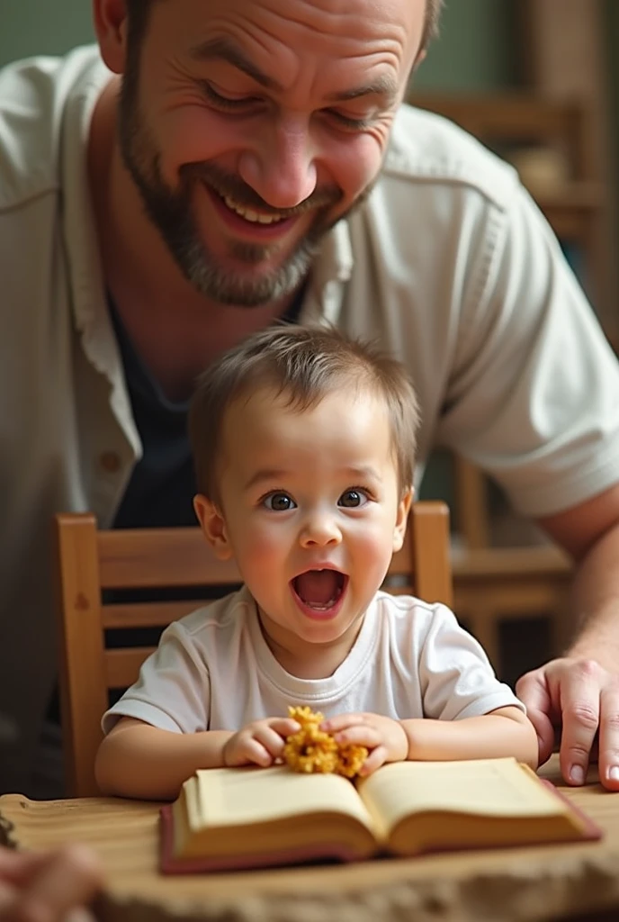 an indonesian baby celebrating her 6 month old age, sitting in a baby chair receiving her first solid meal. the baby is quite hairy look happy and delightful.  A 50 year old grand father, with no wrinkles look very happy standing behind. Photo realistic UHD image