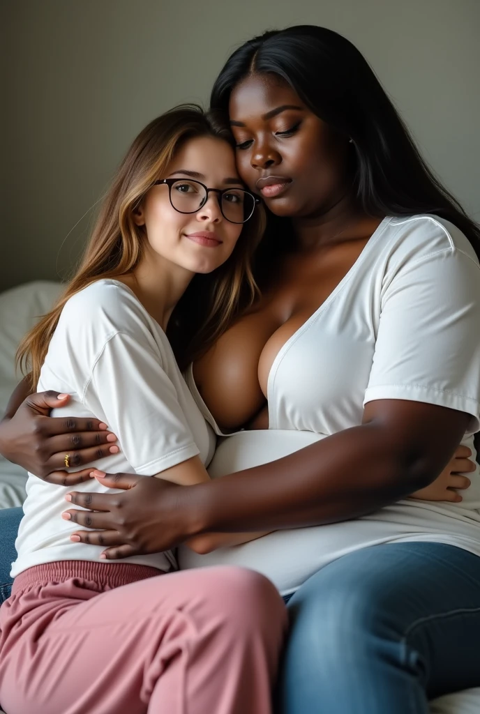 Create a photo of a 30 year old woman, with a slender and beautiful body, wearing a white shirt, braless with bare breasts and wearing pink sweatpants, with white and clear skin, with long light brown hair wearing prescription glasses, and is being wrapped around sitting on the lap of an elderly lady who is 90 years old, with dark black skin, did, obese, lowrise, who is wearing a white shirt and jeans