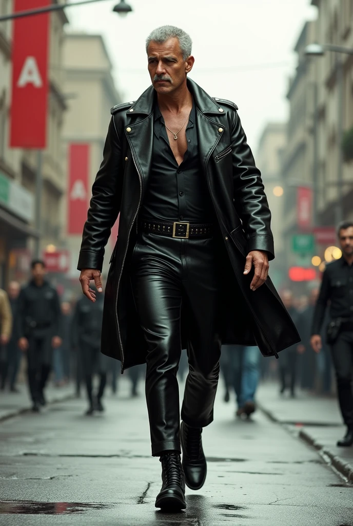 Arafat in police uniform walking down the street, wearing a full leather outfit, leather, leather clothes, wearing leather, leather pants with a belt, dressed in biker leather, leather clothing and boots, Tight clothing, leather clothing, Sexy Style, leather pants, black leather slim clothes, dressed in black leather, wearing black tight clothes, leather top, Sexy look