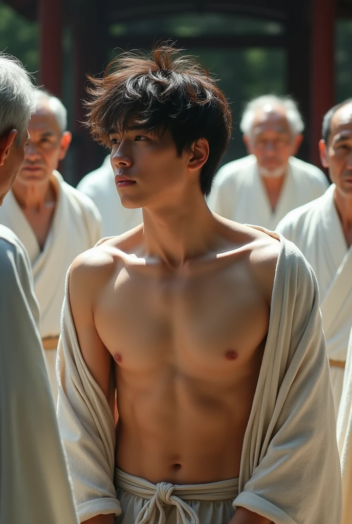 1boy、Photo Quality、Cute handsome man、Mash Hair、Japanese male, 、Completely naked、Full nudity、erection、Huge penis、Highest quality、Realistic、beautiful、Shrine Background、Surrounded by old men wearing white kimonos、Back view of a person sitting on a portable shrine、Completely naked、完全Completely naked