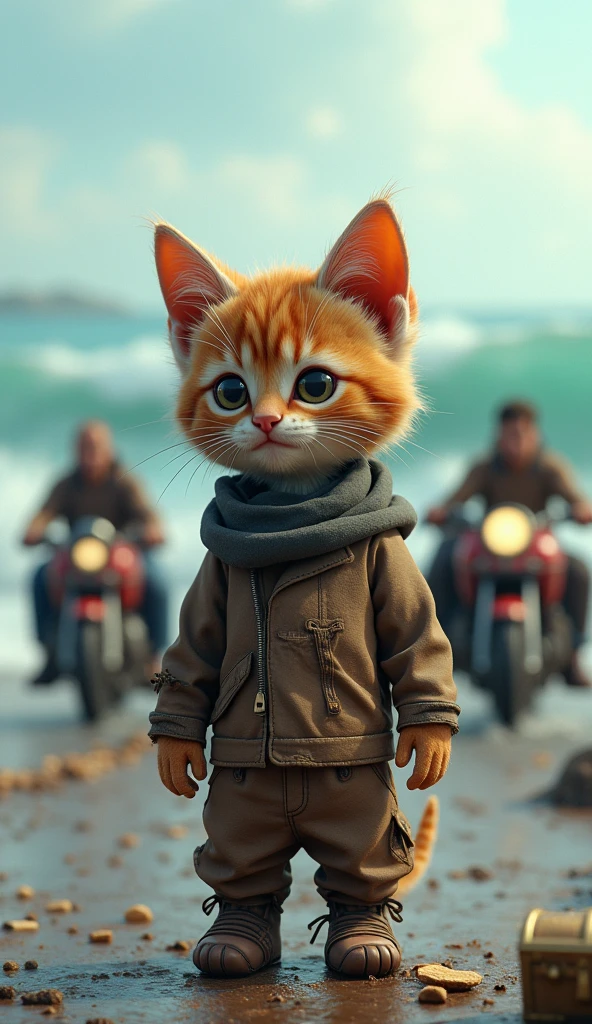 upright,3d,kitten,Dirty clothes,Homeless,3d,Men and driving,Journey、Ocean,Treasure Chest,adventure