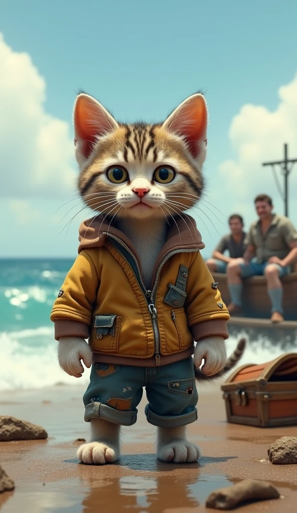 upright,3d,kitten,Dirty clothes,Homeless,3d,Men and driving,Journey、Ocean,Treasure Chest,adventure
