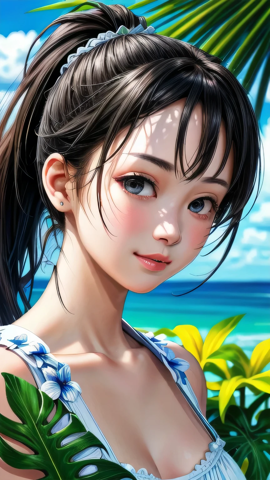 Ultra-realistic scenes, Parallel world, God-like tropical exotic plants, cult, Tropical flowers, Unusual art, Unique art, Summer blue sky background, sunlight, bright sunlight, Blender, Product Rendering, High quality 8K. 1girl, Cute 1 girl、White garter set、((Face close-up))、Face close-up、masterpiece, 最high quality, high quality, High resolution, super big breasts sexy、(Hairstyle_ponytail)