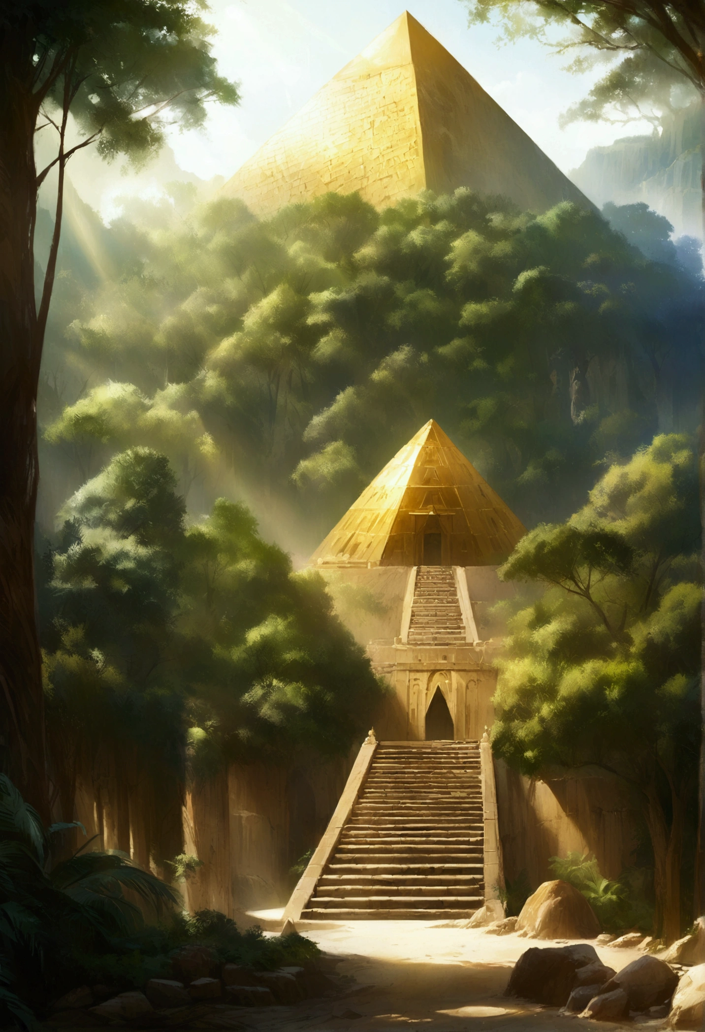 Understood, Trees in the deep forest々The lost city surrounded by, Golden Pyramid, Shining in the sunshine, Realistic photos.
