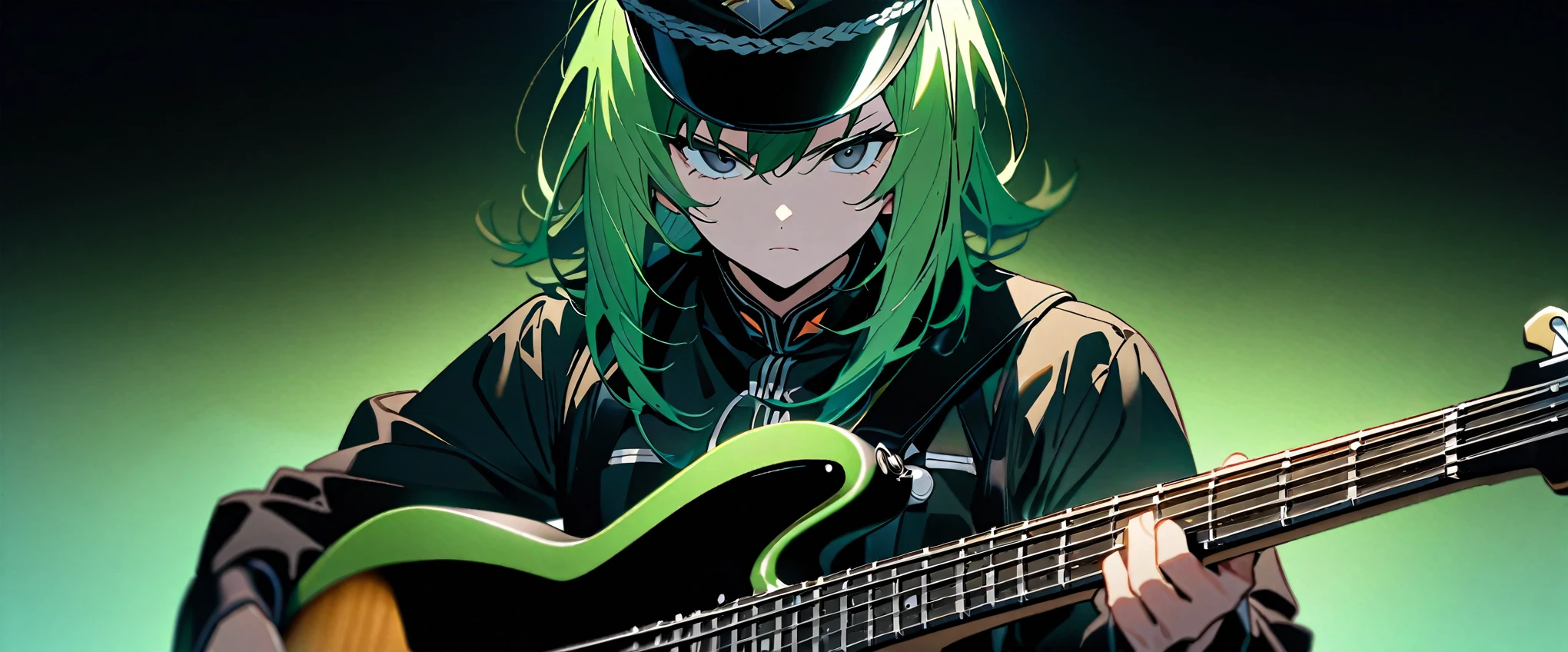 (((masterpiece,Highest quality))),(((An anime character with green hair and black eyes wearing a enamel visual kei outfit))),(((He is standing there glaring at me with his bass guitar in hand.,military cap))),(((Black Background))),alone,Focus on the whole body,(high quality),アニメ