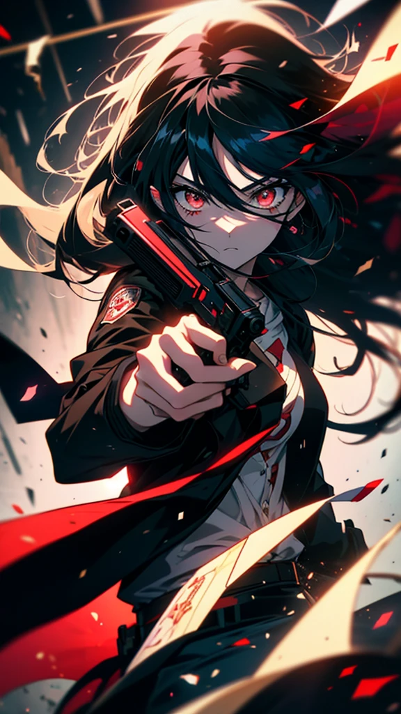 Anime girl with long black hair and red eyes holding a gun, Anime Style 4 k, Yandere, Anime Style artwork, Burning, Anime Cover, Anime Style. 8k, Anime art style, Anime Styled digital art, Anime Style mixed with fujifilm, Official artwork, Anime Style art, Yandere intricate, Anime Moe Art Style, gapmoe Yandere