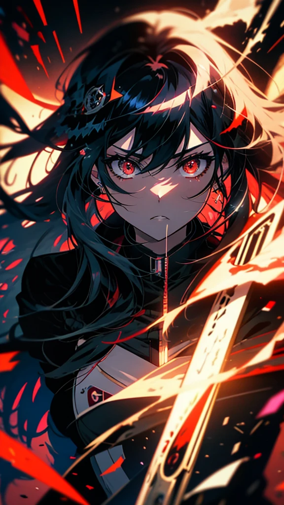 Anime girl with long black hair and red eyes holding a gun, Anime Style 4 k, Yandere, Anime Style artwork, Burning, Anime Cover, Anime Style. 8k, Anime art style, Anime Styled digital art, Anime Style mixed with fujifilm, Official artwork, Anime Style art, Yandere intricate, Anime Moe Art Style, gapmoe Yandere