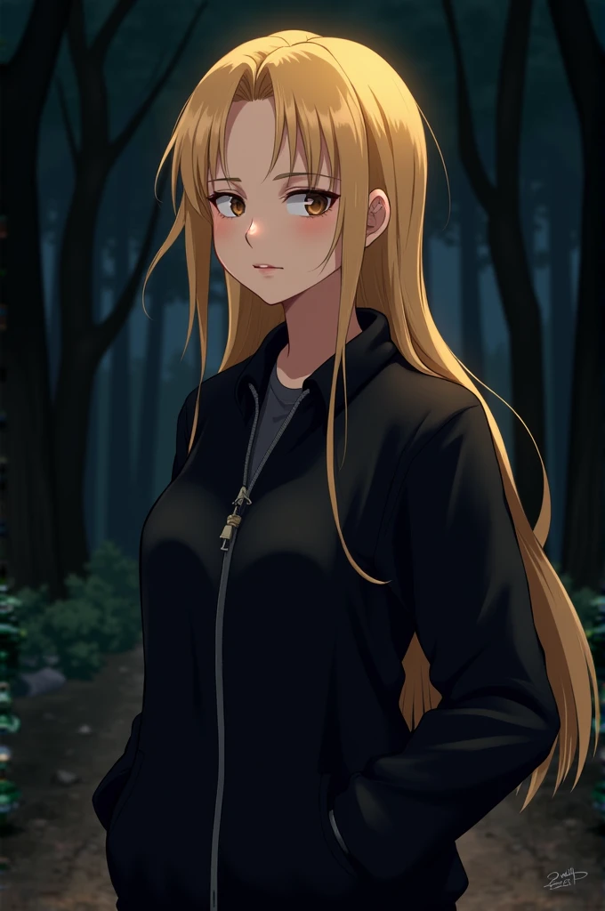 Style: 2D anime
Gender: Female
Age: r
HAIR DESCRIPTION: Long, messy blonde with bangs to the right side 
SKIN TONE: Light
EYE FEATURES: Light brown
Clothing: Black jacket
Setting: Forest at night
Posture: Looking at the camera (from waist to head)
Expression: Neutral
Setting: The Hunger Games