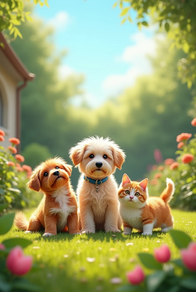 an ultra realistic image of pets (dogs and cats) for the header of an android mobile application, dogs need to be cute in a garden background on a sunny day