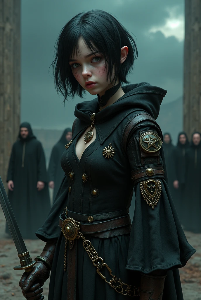 A pale girl with short black hair, from the middle ages 3D, realisitic, arcane style, with light eyes dark alchemist clothes with left robotic arm steampunk with pentagram, cut on the face, with a look of suffering and hate, dagger, the night, with a religious group behind.