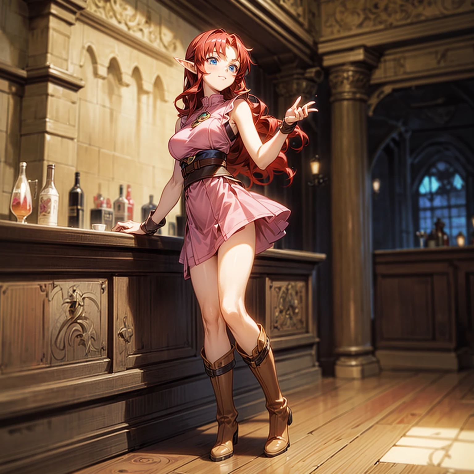 Solo character, full body version, girl, big breast, (elf), blue eyes, red color hair, long Curly hair, sleeveless dress, sexy dress, pink dress boots, indoor, bar, town, medieval, standing gesture, detailed background, detailed clothing, detailed hair, (Makoto shinkai style art), happy eyes 