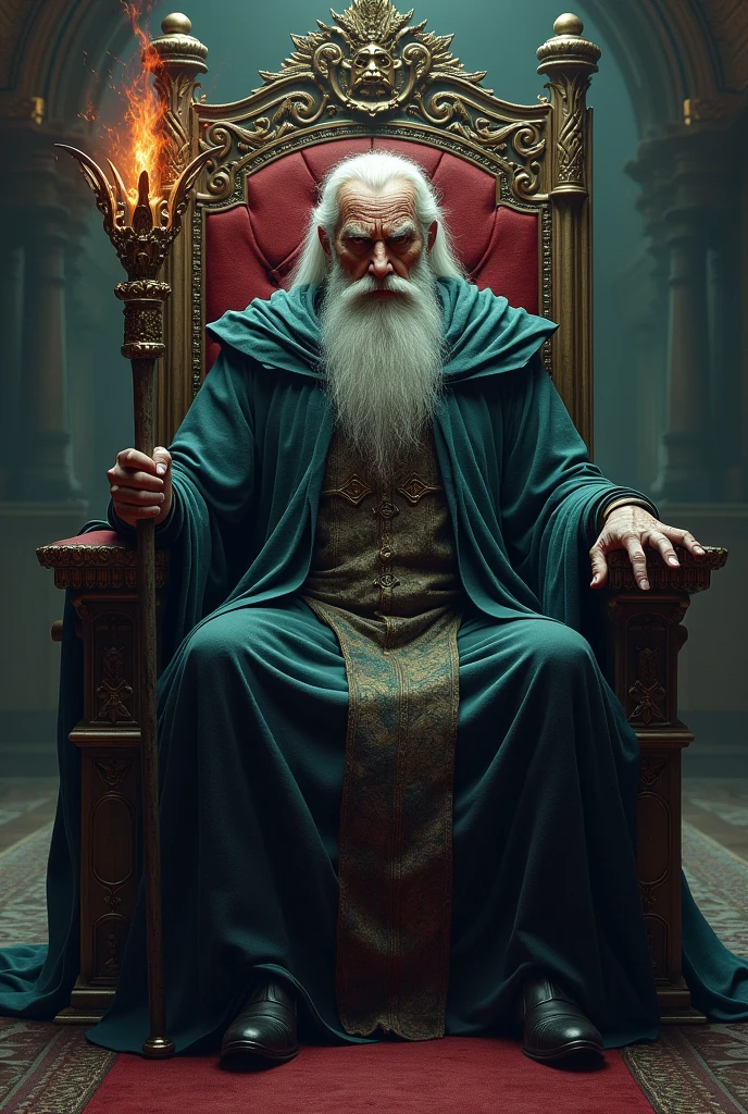 Wizard Merlin imposing ultra details sitting on the throne looking at me holding his staff with very sinister features