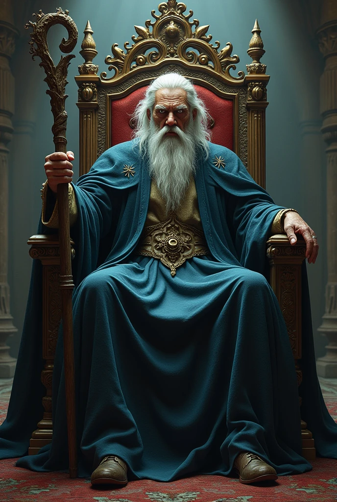 Wizard Merlin imposing ultra details sitting on the throne looking at me holding his staff with very sinister features
