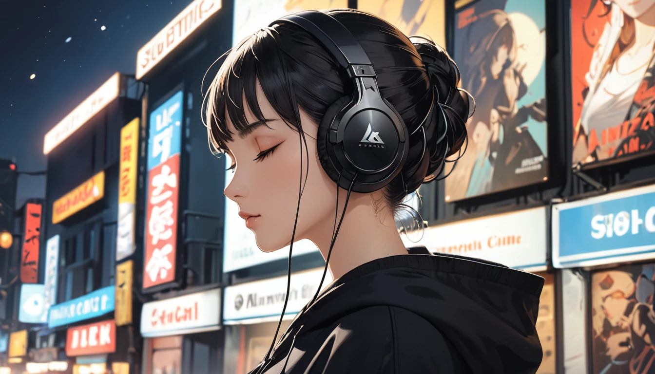 (masterpiece, Super Detail, Attention to detail, Highest quality, 8k, Album artwork,Poster,Close-up,Shooting from the side, ,woman meditating,Eyes closed,night,With the hood of a black sweatshirt pulled up,Wearing headphones