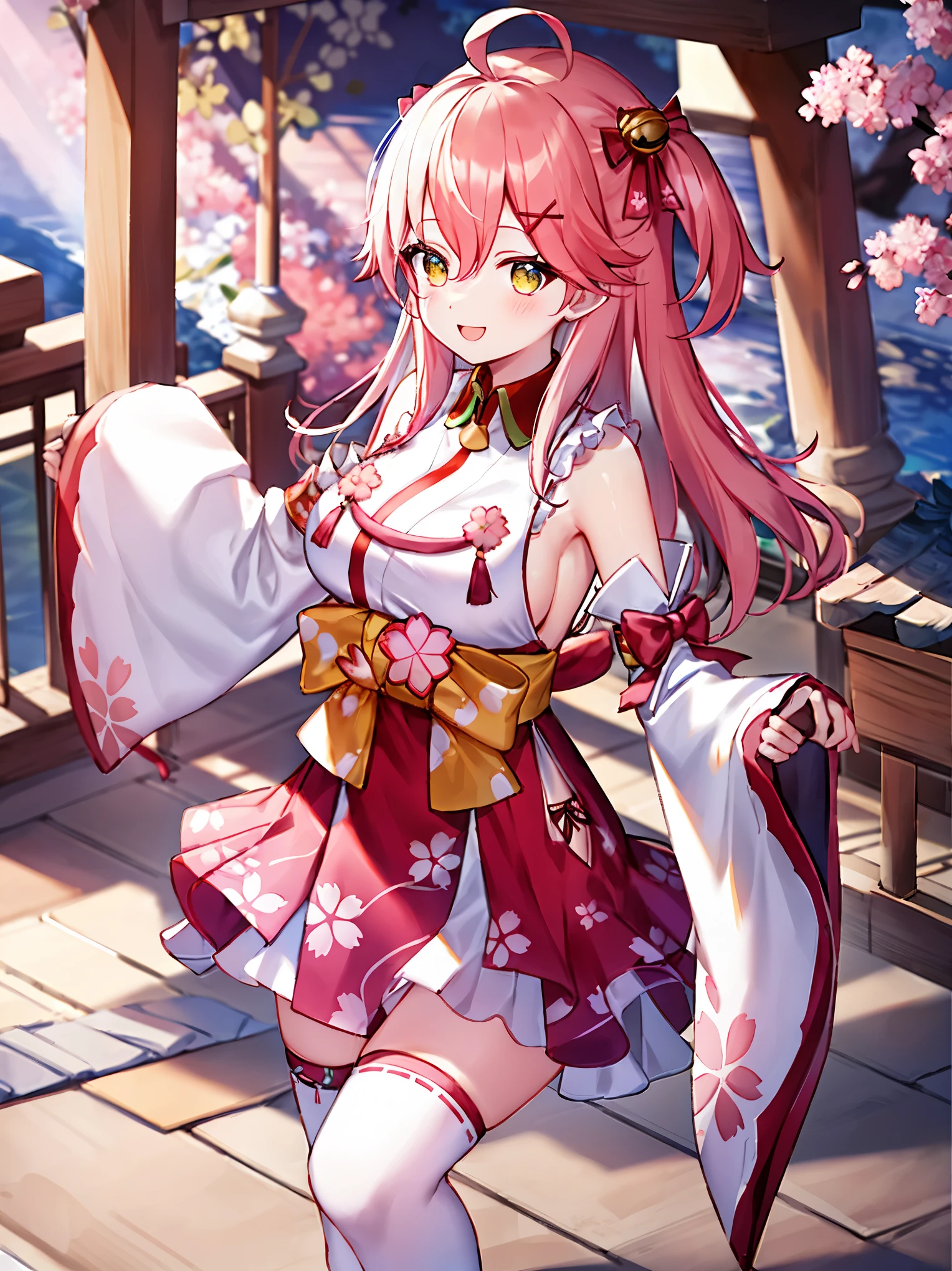 masterpiece, best quality, highres, miko1, sakura_miko, 1girl, big_boobs, solo, ahoge, x_hair_ornament, pink_hair, floral print, hairclip,(side_less_clothes:1.5), (side_boobs:1.5), hair_bell, floral print, long_hair, hair between eyes, one side up, white thighhighs, asymmetrical legwear, wide sleeves, open_mouth,(happy:1.3),gleen_eyes,big_smile,),plump,apart_legs,(overly_long_sleeves:1.3),),sleeves_past_wrists,hands_hidden_sleeves,sidelock_clothes,solo,hidden_wrists,(XD:1.4),covered_nipples,sunlight,cherryblossom_temple_landscape_background,rise_arms