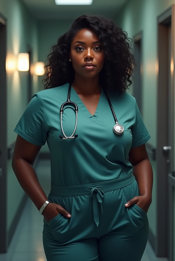 With a thick body Generate an image of a dark black beautiful nurse in scrubs