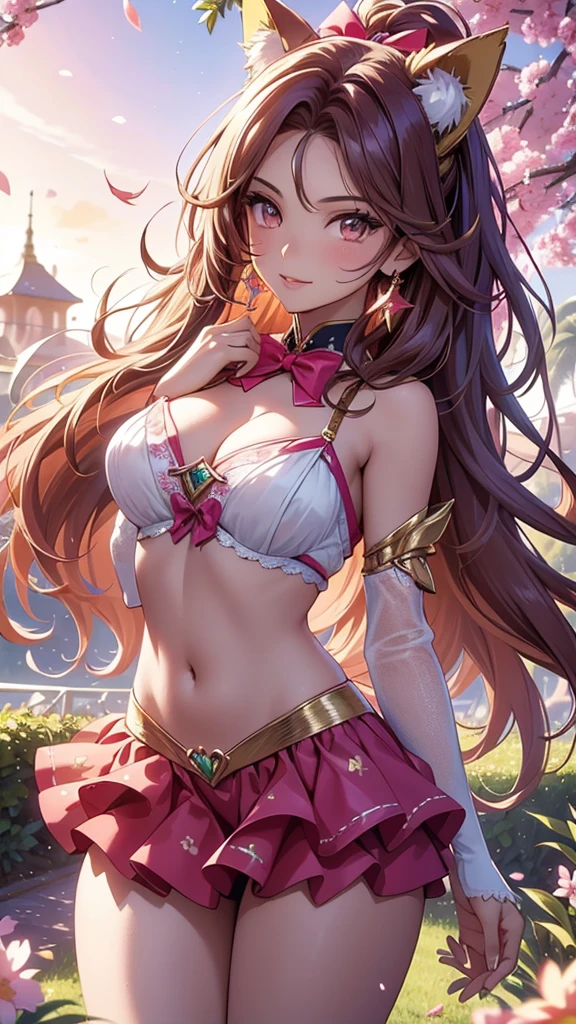 (best quality,4k,8k,highres,masterpiece:1.2),ultra-detailed,(realistic,photorealistic,photo-realistic:1.37),acrylic painting,beautiful Brazilian model in a bright pink teal outfit, with downy brown hair,beautiful Brazilian model with extremely colorful brown hair and detailed facial features,beautiful Brazilian model standing in a beautiful garden surrounded by a starry sky,beautiful Brazilian model wearing a vibrant outfit,beautiful Brazilian model with intricate accessories,cat ears, ,beautiful Brazilian model with long flowing twintails,beautiful Brazilian model with bright brown eyes and rosy lips,beautiful Brazilian model with a joyful expression,beautiful Brazilian model in a dynamic pose with cherry blossoms falling around her,beautiful Brazilian model surrounded by colorful flowers and butterflies,beautiful Brazilian model's outfit adorned with cute bows and lace details red and gold,beautiful Brazilian model with an enchanting smile,beautiful Brazilian model with soft, pastel-colored shading,beautiful Brazilian model with a magical glow illuminating her,beautiful Brazilian model in a picturesque setting with a winding path leading to a magnificent castle,beautiful Brazilian model with a fairytale-like background,beautiful Brazilian model with a soft, dreamy atmosphere,beautiful Brazilian model with a subtle bokeh effect,beautiful Brazilian model standing under a sunny sky,beautiful Brazilian model with a warm, golden sunset in the background,beautiful Brazilian model surrounded by twinkling stars and colorful nebulae,creating an ethereal and captivating artistic masterpiece,school uniform outfit, uniform bow tie.