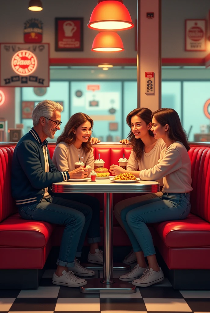 A couple with their 3 adult children at the diner 