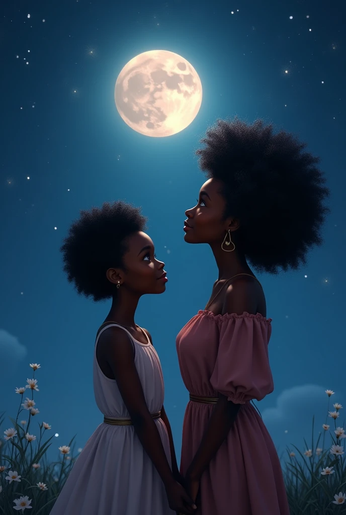 a black  with hair tied up in an afro style with her mother with afro hair admiring the full moon on a starry night
