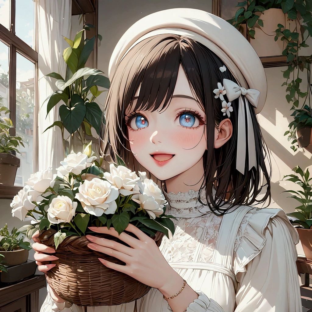 Woman in light-colored casual clothing, holding a basket of flowers in her hands. chic, Soft atmosphere. Soft Light. There are many potted plants and plants in the background.Open your mouth a little, smiling, Bright Eyes, ribbon hair accessories, Anatomically correct, beret, High resolution, Highest quality, High-resolution model, High detail, Ultra high definition, 