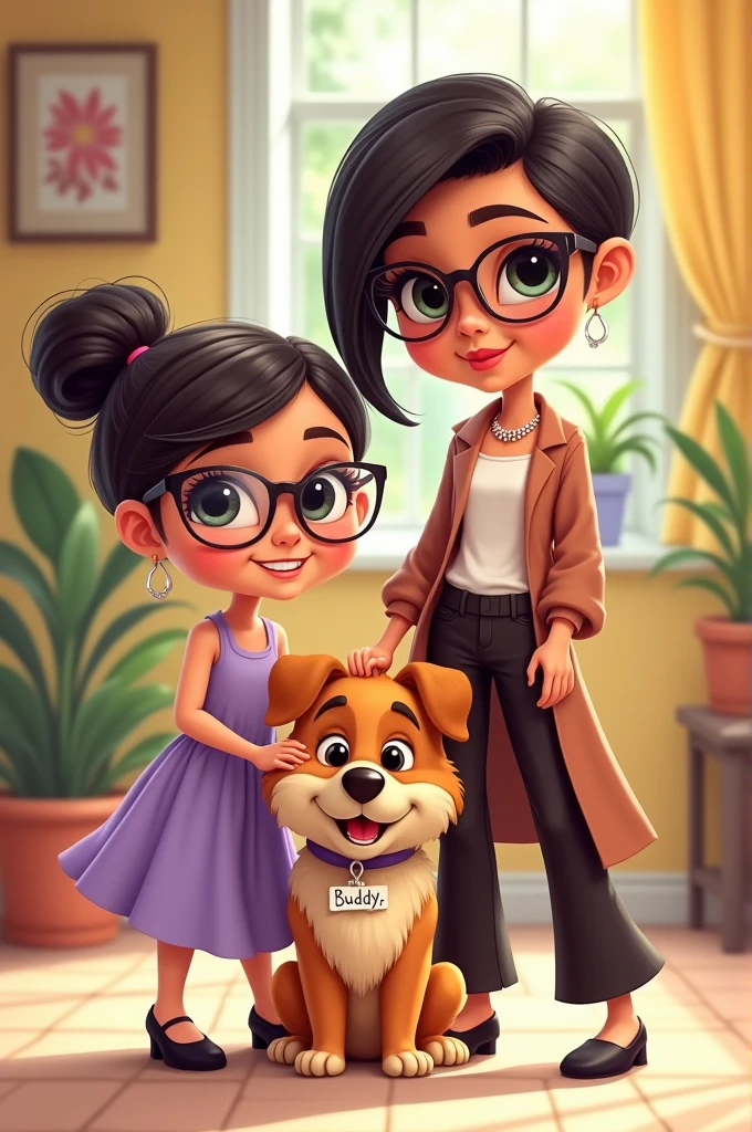 Cute cartoon pictures of A mother, daughter and a dog . The mother should have short hair with french  wearing a beautiful outer and pant and t-shirt  and the daughter should wear a elegant transparent spectacles. The daughter should wear a lavender  dress, she should wear a black high heal  sandal and silver jelwelries. The dog should have a  name tag written as buddy 
The mother should not wear glasses 