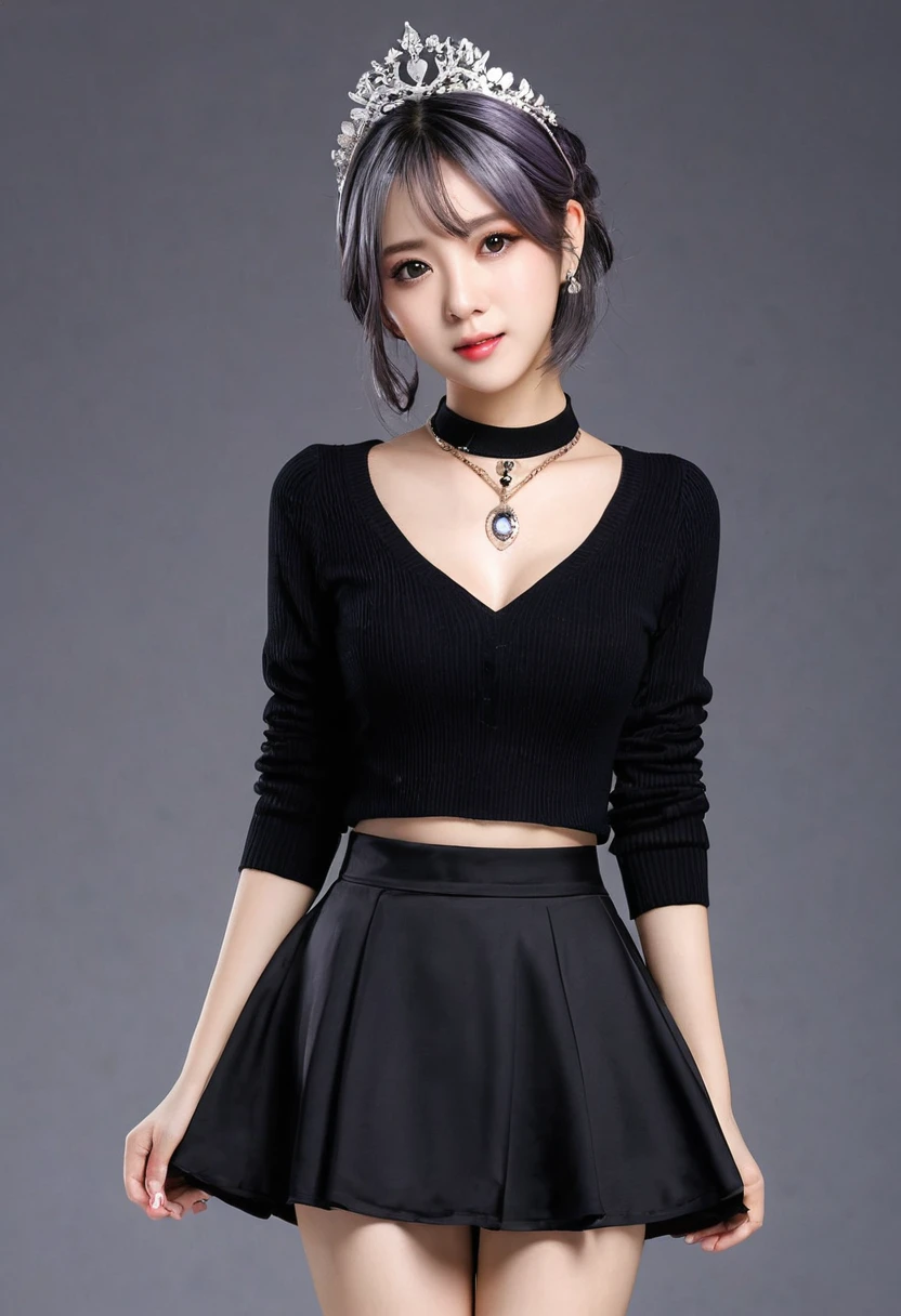 1 girl, 最high quality, masterpiece, High resolution, [purple|Sliver|green] _hair, Black mini skirt, hair accessory, necklace, jewelry, Beautiful Face, I&#39;m looking forward to, Full body image, Realistic, Outdoor, Modern Square, Two-tone lighting, (Skin with attention to detail: 1.2), 8k UHD, Digital SLR, Soft Light, high quality, Volumetric Light, Frank, photograph, High resolution, 4K, 8k, Background Blur