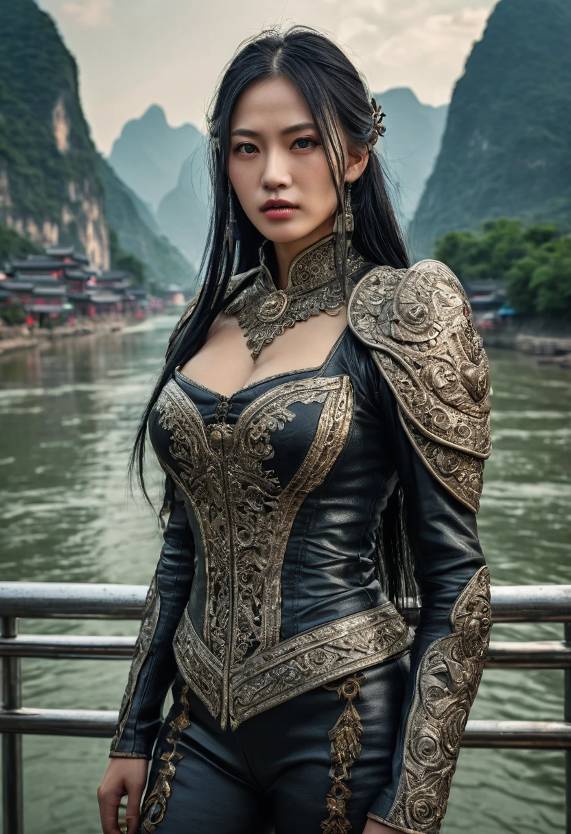 full body length shot, genius dressed lady Keiko, long black hair, wants eat, beauty in city of future, Cinematic, soft colors, Technicolor, natural skin textures, hyper realism, hyper detailed, Extremely detailed, Masterpiece, Realistic, Ultra Detailed, intricate details, realistic humid leather, extremly intricate, Epic Realistic, cinematic style, hdr, extremely detailed, masterpiece, intricate details, faded, eyes extremely detailed, high detailed eyes,16k resolution, RAW, Nikon Z9, Songbird, orc, Li River in China, Creative, masterpiece, fantasy, super detailed, high resolution, intricate details High Quality, 8k, Realistic, Ultra-Detailed, Dramatic Lighting, Soft Focus, Digital Illustration, Strong Gaze, Complex Mechanics, Advanced Technology, Dark Background, Cinematic, High Contrast, Moody, Strict, Atmosphere, (Best Quality, 4k, 8k, High Definition, Masterpiece: 1. 2 ), ultra-detailed, (realistic, graphic, photorealistic:1.37) --no glass --no metal rod --no bridge parapet --no bridge --no fence --no pillar