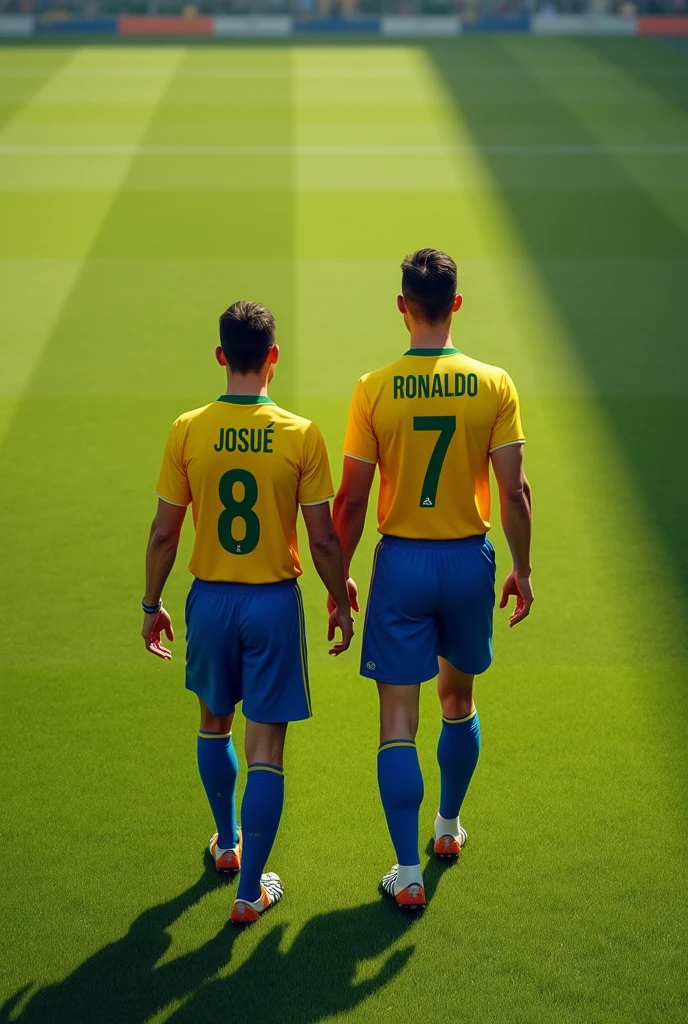 an adult with the Brazilian team shirt with the name "Josué" number 8, with his back walking across the field and Cristiano Ronaldo with his back also walking next to him (cristiano Ronaldo outfit: Portugal team shirt with the name "cristiano Ronaldo " number 7) (Josué height: 1.74, Cristiano Ronaldo height: 1.87)