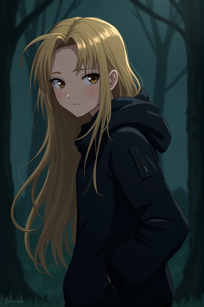 Style: 2D anime
Gender: Female
Age: Teenager
HAIR DESCRIPTION: Long, messy blonde with bangs to the right side 
SKIN TONE: Light
EYE FEATURES: Light brown
Clothing: Black jacket
Setting: Forest at night
Posture: Looking at the camera (from waist to head)
Expression: Neutral
Setting: The Hunger Games
