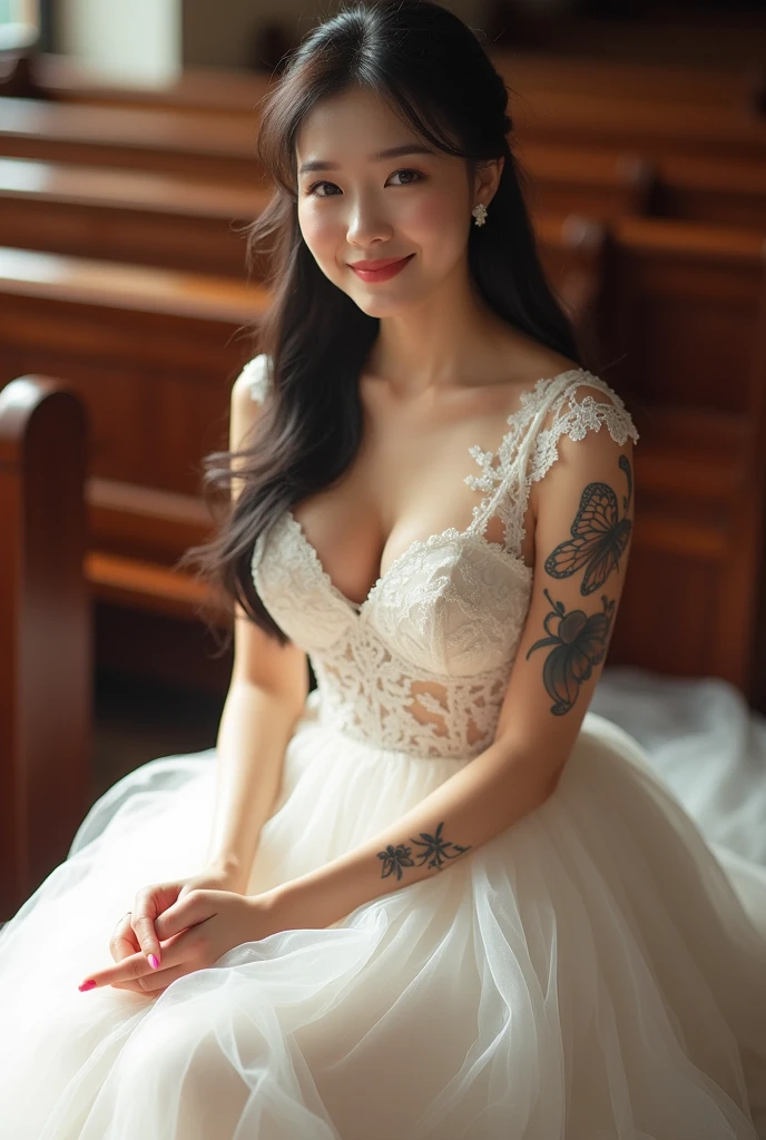 Chinese girl, white skin, shaggy breasts, big breast, happy face, thick body, sexy body, gym body, curvy waist, sunny morning, milky white skin, a butterfly tattoo on the shoulder back, a big flower tattoo on the thigh, there is a  tatoo says "Thasya" on the lower arm, sexy transparent bride gown, sitting crossing legs, in the church, nakeness, full body, beautiful nail arts, showing her white tighs, black hair, straight hair, sexy toe, camera from bottom, full body from toe to head, full body, see-through black public hair, thick pubic hair 