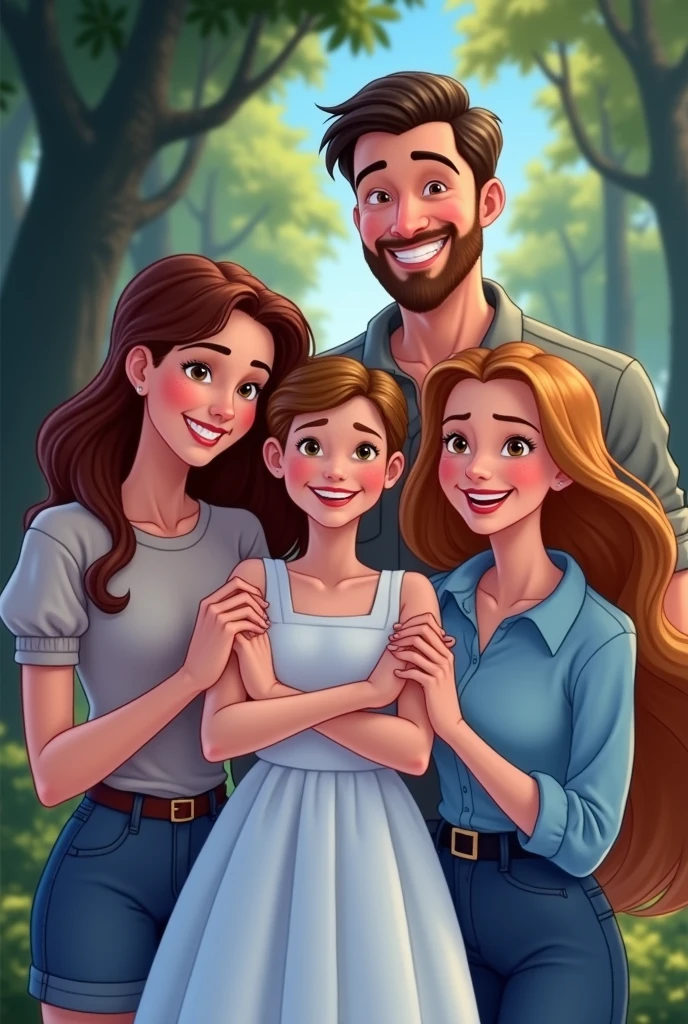 Draw the man used in the tip image with his wife, 2 teenage daughters and an son, both smiling, in the background put trees and a blue sky, make Disney style image