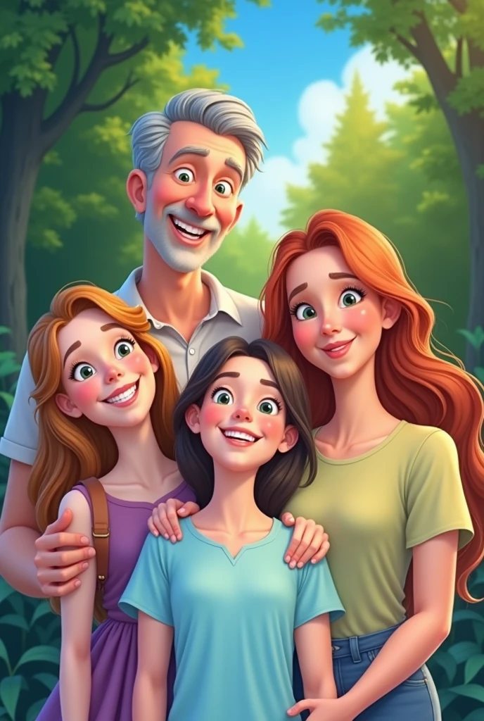 Draw the man used in the tip image with his wife, 2 teenage daughters and an son, both smiling, in the background put trees and a blue sky, make Disney style image