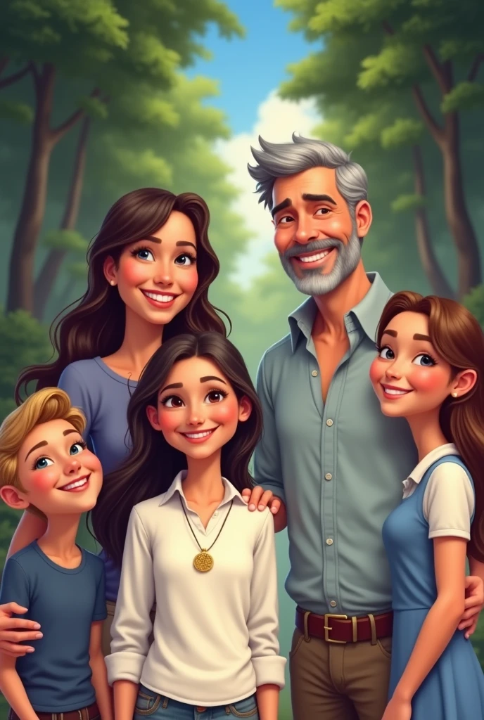 Draw the man used in the tip image with his wife, 2 teenage daughters and an  son, both smiling, in the background put trees and a blue sky, make Disney style image 