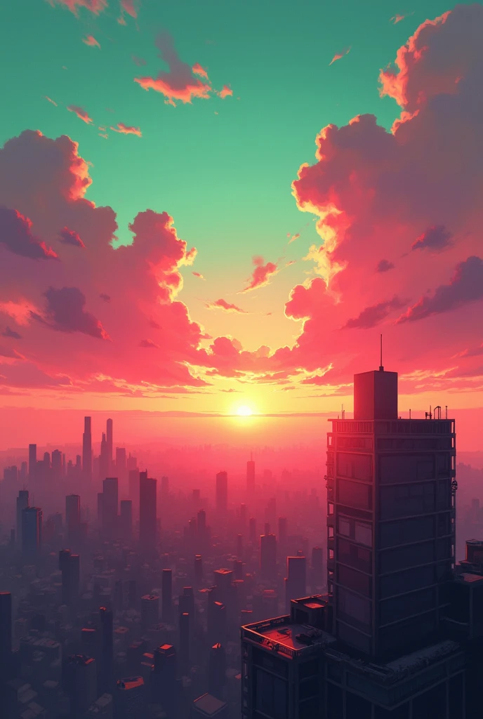 A sunset above the buildings with the shades of pink amd green.
