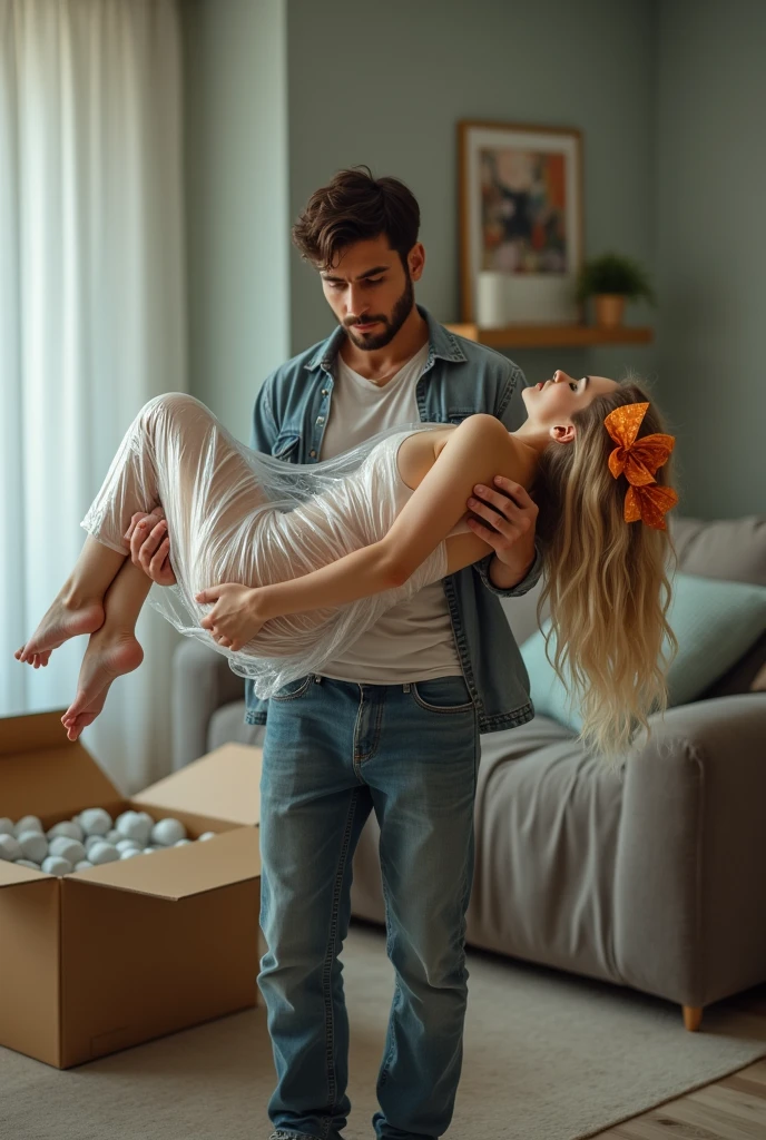 in a living room, A man in casual jeans is standing on the ground, carrying and lifting in his arms a beautiful naked and sleeping blonde young adult European woman , Her body is wrapped in plastic and she has a gift bow on her head., The woman's body is stretched out and is on the ground, Full body view, On one side there is an open cardboard box with polystyrene, Behind them are two beautiful women sleeping, covered in plastic and sitting next to each other on the floor., Excellent lighting, hyperrealistic quality image, high resolution