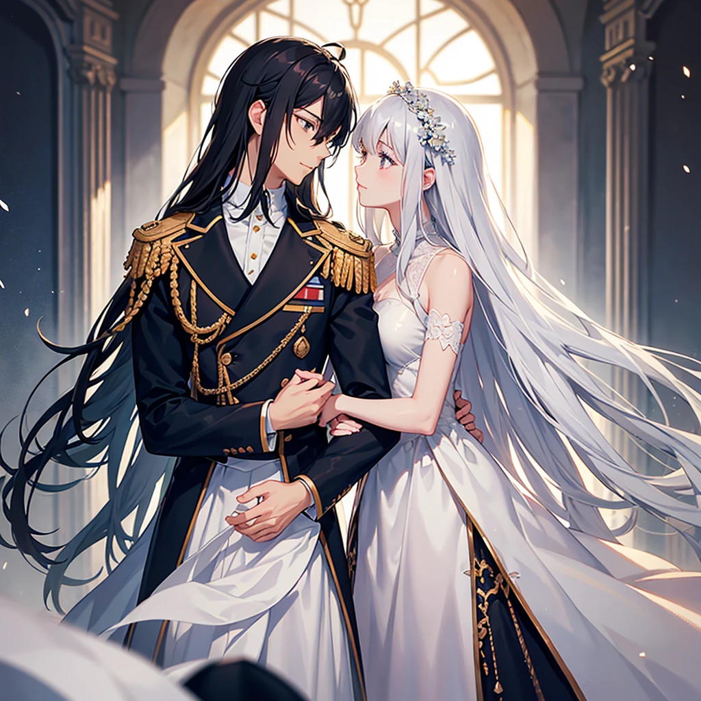 [couple]++,[[kissing hand]]+++,height difference couple, she looks up at him,detailed clothes,the background is very detailed,background of details,delicate background,detailed background,an extremely delicate and beautiful,[absolutely resolution],[romantic atmosphere], cowboy shot,1girl,long hair,long bright wavy hair,blue dress,looking at another,smile,short hair,gray hair,blue eyes,black hair,red eyes,muscular male,1male[1male]+,dress,holding,flower,hetero,choker,military uniform,gem,tassel,epaulettes,glint,aiguillette,white dress,black eyes,holding flower,indoors,blurry,looking at another,hetero,sunlight, soft focus on the foreground,bokeh-filled foreground,shallow depth of field,delicate blur,subtle transitions,depth and atmosphere,dust effect,soft focus,hair blowing in the wind,hair swaying,[sense of depth]++,very delicate and beautiful,shiny hair,shiny skin,transparent light,light scattering,
