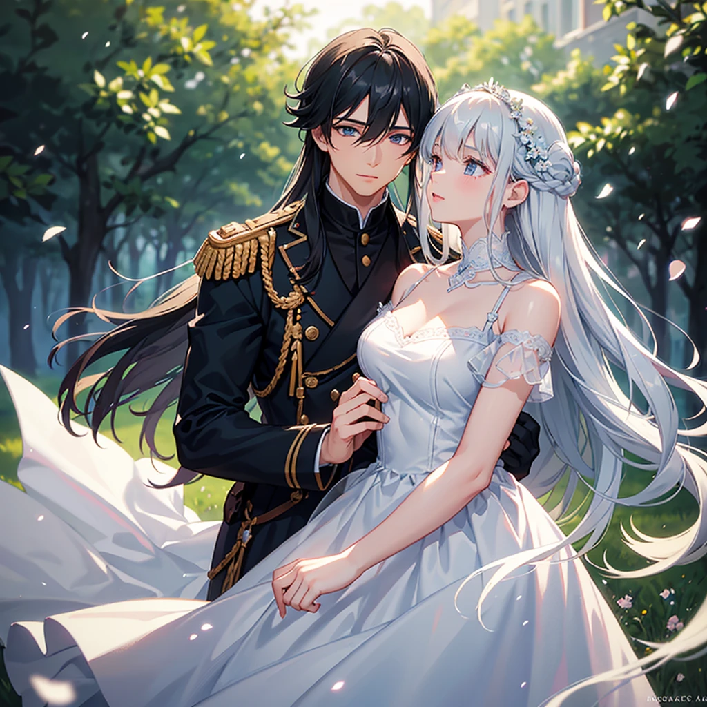 [couple]++,[[kissing hand]]+++,height difference couple, she looks up at him,detailed clothes,the background is very detailed,background of details,delicate background,detailed background,an extremely delicate and beautiful,[absolutely resolution],[romantic atmosphere], cowboy shot,1girl,long hair,long bright wavy hair,blue dress,looking at another,smile,short hair,gray hair,blue eyes,black hair,red eyes,muscular male,1male[1male]+,dress,holding,flower,hetero,choker,military uniform,gem,tassel,epaulettes,glint,aiguillette,white dress,black eyes,holding flower,indoors,blurry,looking at another,hetero,sunlight, soft focus on the foreground,bokeh-filled foreground,shallow depth of field,delicate blur,subtle transitions,depth and atmosphere,dust effect,soft focus,hair blowing in the wind,hair swaying,[sense of depth]++,very delicate and beautiful,shiny hair,shiny skin,transparent light,light scattering,