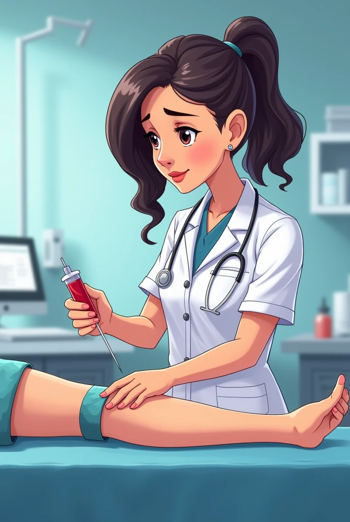 Make a drawing of a woman performing a phlebotomy , that is animated